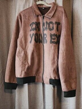 Manfinity XL Brown Bomber Jacket“I’m Not Your Ex” Streetwear Zip Faux Suede Fall